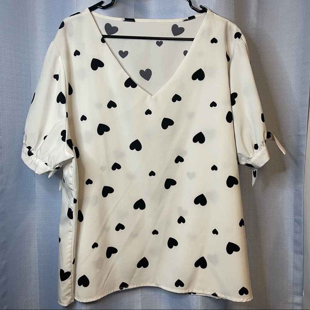 Shein | Black and White Heart Tie Sleeve Blouse 3X
